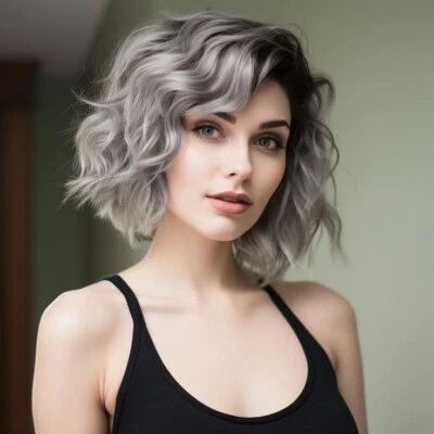 Human Hair Lace Front Wig Ombre Dark Gray Short Wavy Bob Wigs Black Roots - Image 1 of 3