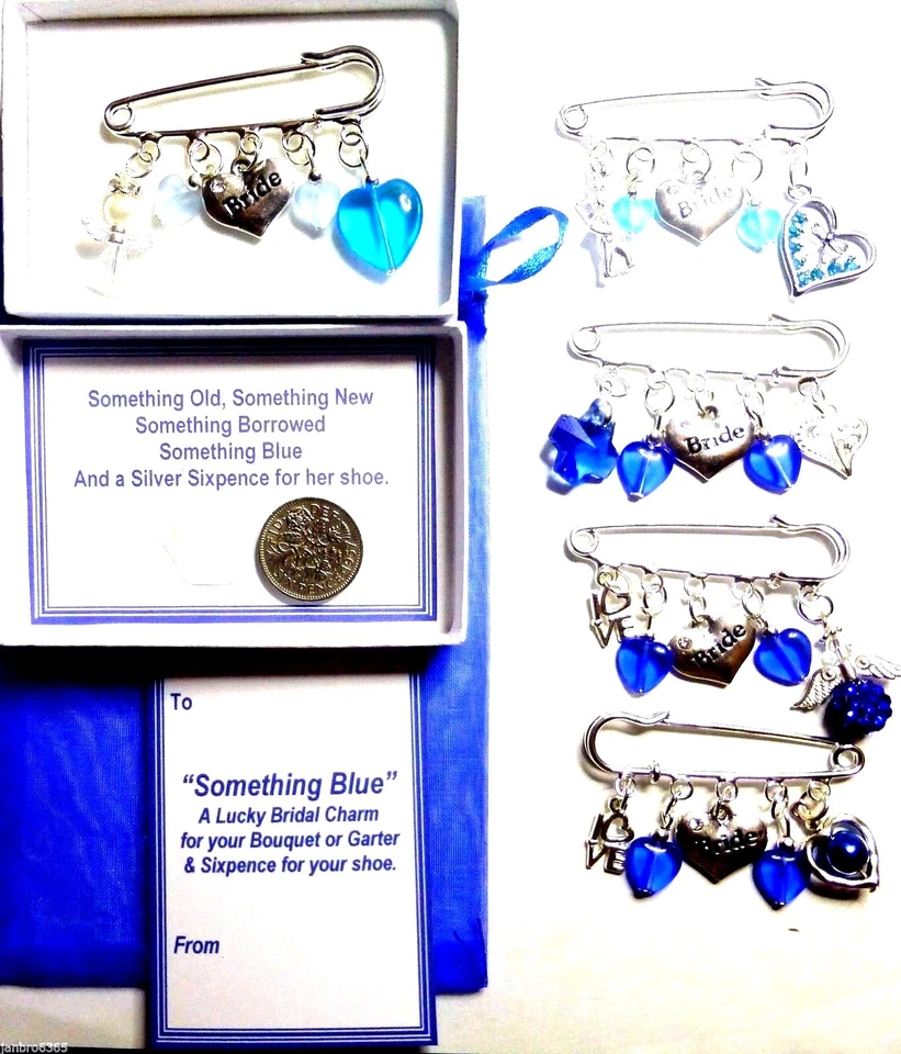 Something Blue Lucky Bridal Brooch Pin Charm Garter or Bouquet and Sixpence Coin
