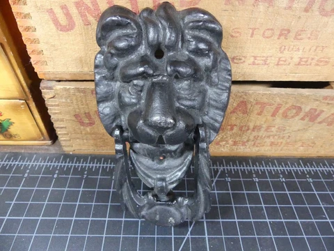 Vintage Cast Iron Lion Head Door Knocker Black Victorian Cover