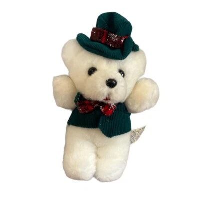 Dan Dee Beige 6” Christmas Stuffed Teddy Bear Plush W/ Green Hat & Vest Vintage - Image 1 of 4