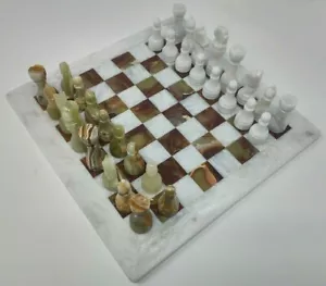 JT Handmade Green Onyx and White Marble Chess Game - Staunton Marble Chess Set - Picture 1 of 7