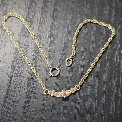 Elegante brazalete tobillo oro 12K Black Hills rosa y hojas cadena 9" GF Foto 1 de 4