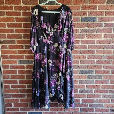 Nuevo Vestido Roz & Ali Púrpura Negro Floral Chifón Calce Amd Acampanado Foto 1 de 4
