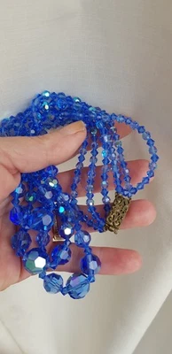 Collier Vintage Perles de Verres Bleu 3 Rangs A Facettes - Photo 1/4