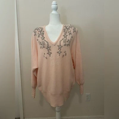 Suéter De Colección Marisa Christina Rosa Claro Lana de Cordero Angora Talla L Cuentas Perlas Acogedor Foto 1 de 4