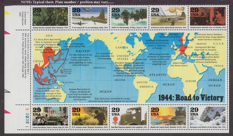 1994 WWII 4th Year Sc 2838a-j MNH pane of 10 different issues - Typical - Image 1 of 1