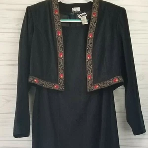 Vintage 80s RJ & Co Womens Black Midi Maxi Dress & Jacket Set Embroidered Floral - Picture 1 of 11