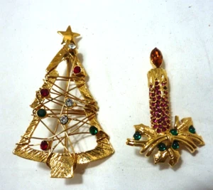 Vintage Napier goldfarbene Kerzenanstecknadel Brosche UND CHRISTBAUMBROSCHE - Bild 1 von 5