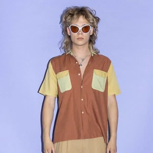 Vintage Y2K colorblock chill button down in muted tones - Picture 1 of 6