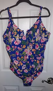 NEU Time And Tru Größe 2X Einteiler Badeanzug Schwimmen Blau Blumenmuster Softschalen BH - Bild 1 von 7