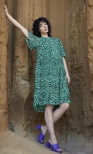 *As New* GORMAN Green/Black Spot Pleated Dress Short Flutter Sleeves sz 20 - Picture 1 of 13