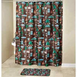 Campsite Shower Curtain Set Evergreen Hooks Bear Lodge Cabin Rug Hand towels - Picture 1 of 5