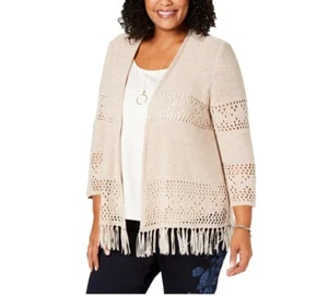 Style & Co Womens Plus 0X Natural Fringe Tapered Open Front Cardigan Sweater NEW - Picture 1 of 5