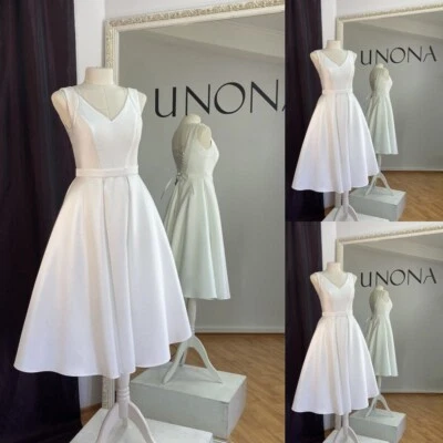 Satin Wedding Dresses V Neck Sleeveless Mini Short Corset White Bridal Gowns - Image 1 of 4