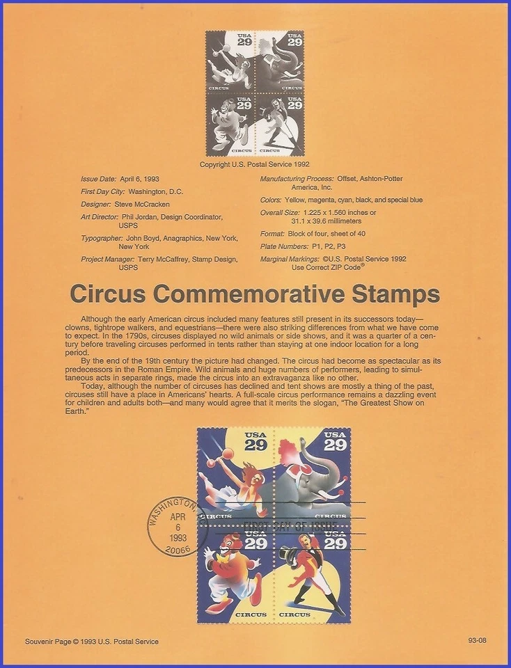 USA8 #2750-53 U/A SOUVENIR PAGE FDC BL4  American Circus - Image 1 of 1