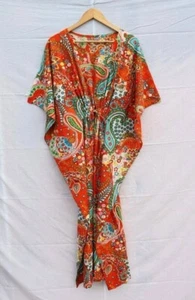 Orange Baumwolle Kaftan indisch Handarbeit Paisley bedruckt Kaftan Strand Nachtkleider - Bild 1 von 3
