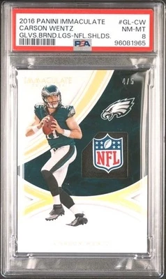 2016 IMMACULATE COLLECTION CARSON WENTZ GLOVES NFL SHIELD WORN TAG RC /5 PSA 8  - Image 1 of 4