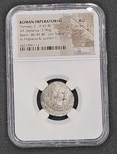 Roman Imperatorial Pompey Jr. AR Denarius 46-45BC | NGC AU - Imagen 1 de 4