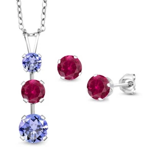 925 Sterling Silver Tanzanite and Created Ruby Pendant and Earrings Jewelry Set - Picture 1 of 3