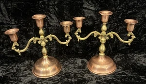 Antique European Heavy Brass & Copper Candelabras, Triple Arm, Natural Patina - Picture 1 of 12