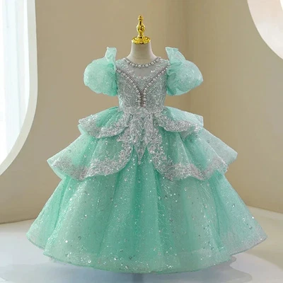 Puff Sleeve Girl Dress Toddlers Tulle Princess Pageant Sparkly Party Gown - Image 1 of 4