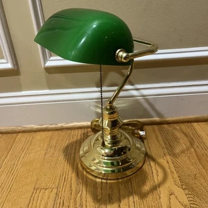 Vintage Brass 19” Banker's Table Lamp with 9” Green Glass Lampshade Working - Picture 1 of 10