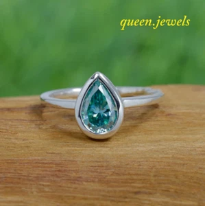 Lab-Created 1.85CT Pear Shape Blue Diamond Bezel Solitaire Ring 14K Gold Finish - Picture 1 of 7