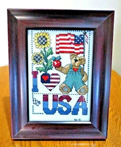 Gerahmter, handgenähter patriotischer Sampler I (Herz) der USA Teddybär, US-Flagge, - Bild 1 von 6