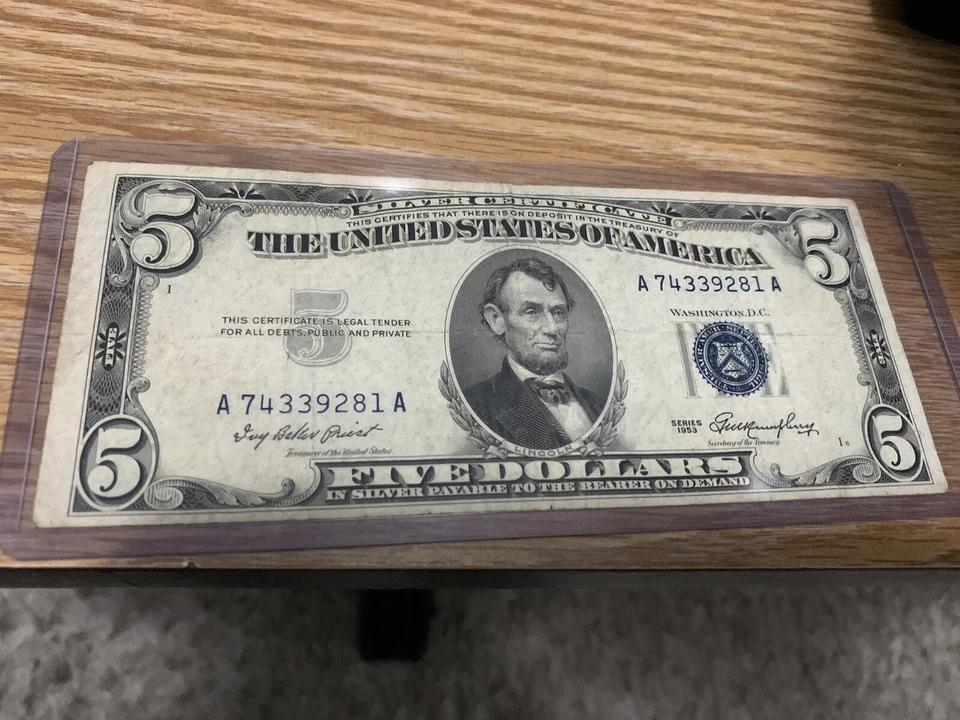 1953 blue seal $5.00 note - Image 1 of 4
