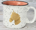 White Ceramic Campfire Mug With Black Rim and Pink Inside With a Gold Unicorn