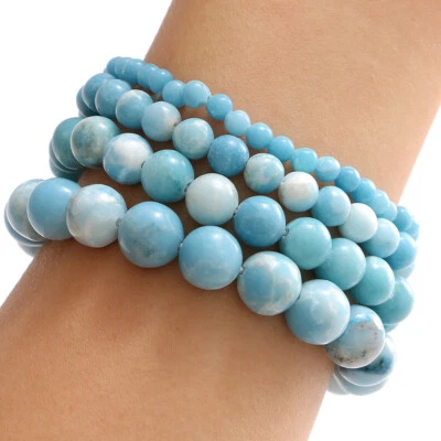 1Pc 4-10MM Natural Larimar Gemstone Smooth Round Handmade Bead Elastic Bracelet - Image 1 of 4