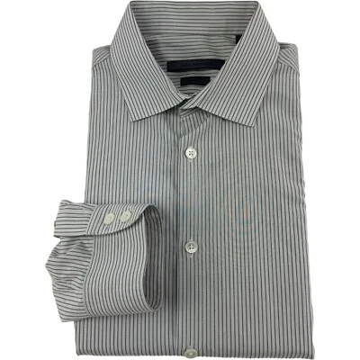 Colección John Varvatos Blanco con Rayas Azules y Grises Abotonadas Talla 15.5/36 Delgado Foto 1 de 4