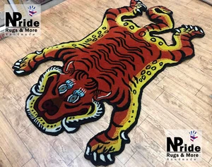 Skin Tibetan Tiger Rug - Hand knotted - pure Wool - Handmade - 2x3ft - Orange - Picture 1 of 5