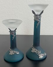 Turquoise Frosted Glass Candlesticks with tin Fairies Short and long Blue Green