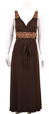 Adrianna Papell Brown Poly Stretch Beaded Front Sleeveless Long Dress w/ Tie 12 - Image 1 of 4