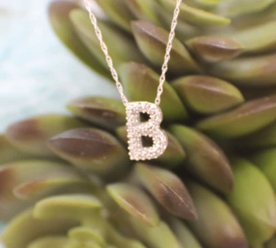 Твердый 10K белое золото бриллиант алфавит буква B инициал подвеска цепочка - Изображение 1 из 4