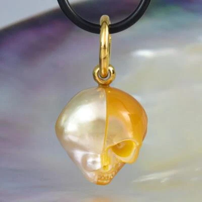 Skull IN Süd See Perle Anhänger Geschnitzter Perlmutt & Vermeil Sterling 6.02g - Bild 1 von 4