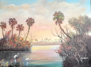 KUNSTWERK VON G.RUSSELL! GEMÄLDE FLORIDA HIGHWAYMEN STIL! Everglades Landschaft / - Bild 1 von 1