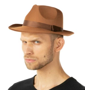 BROWN GANGSTER HAT INDIANA FANCY DRESS COSTUME ADULTS SOFT DELUXE COSTUME UK - Picture 1 of 1