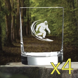 Bigfoot Surfing Whiskey Glasses x4 Double 14 Oz Premium Old Fashioned Gift NEW - Picture 1 of 9
