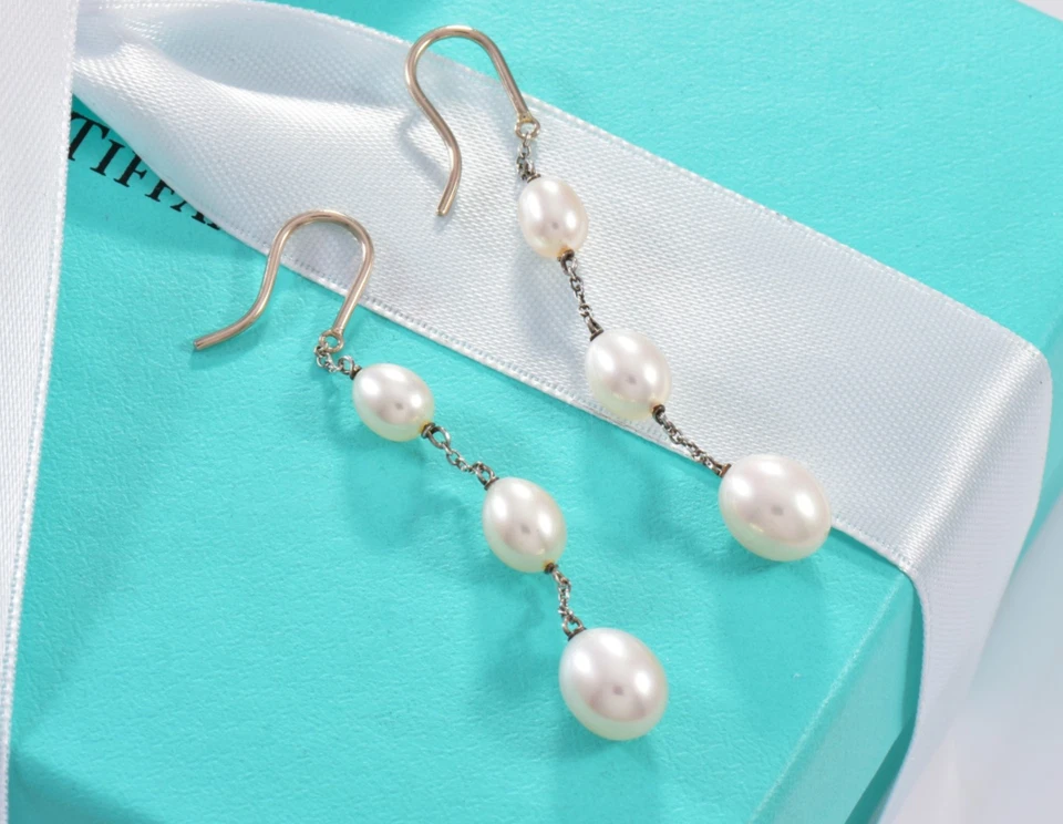 Tiffany & Co Plata Elsa Peretti Tres Perlas Por Yarda Cadena Pendientes y Caja Bolsa Foto 1 de 1