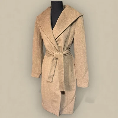 Abrigo de invierno para mujer Calvin Klein talla 6 mezcla de lana abrigo envolvente con cinturón marrón camel Foto 1 de 4