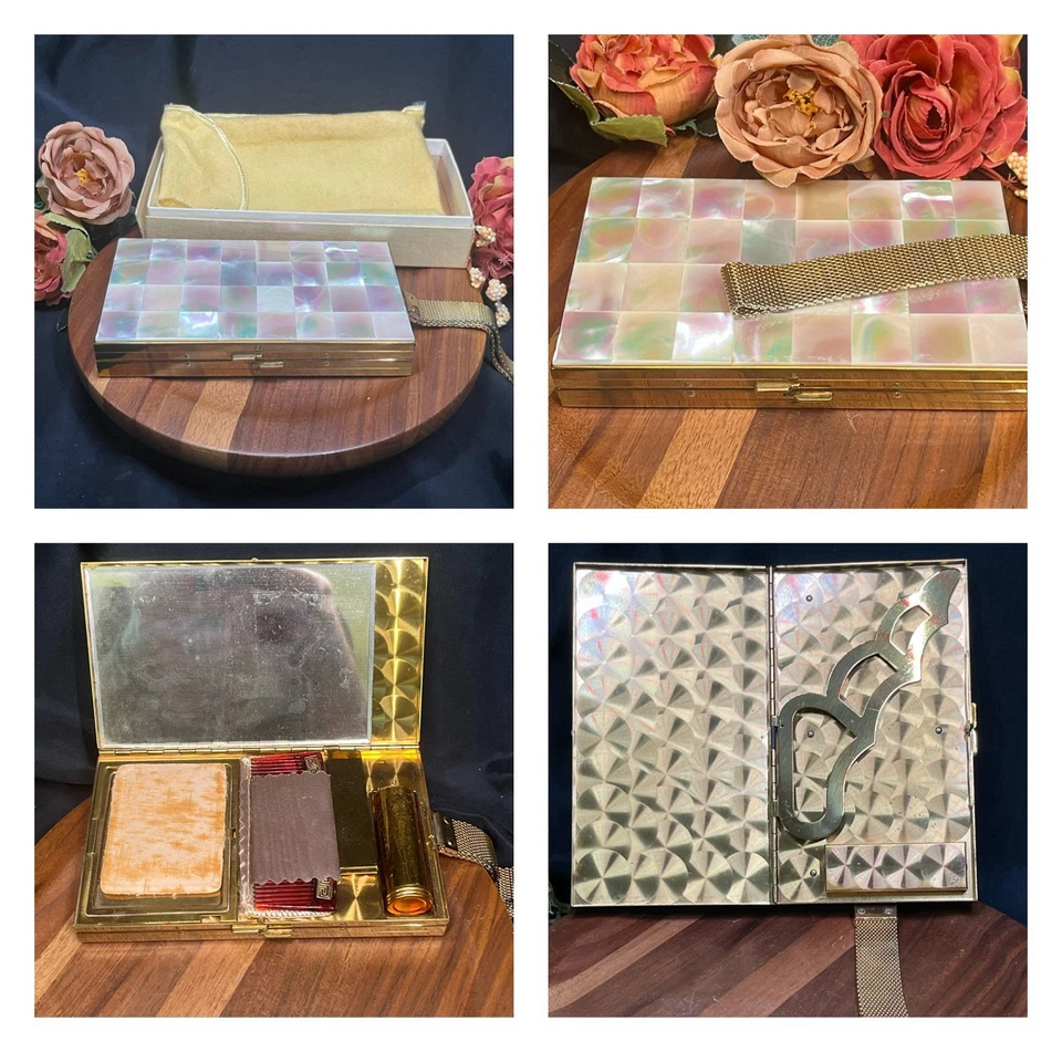 Exquisita muñeca sin asas de tocador madreperla vintage de los años 50 MOP estuche de maquillaje Foto 1 de 4