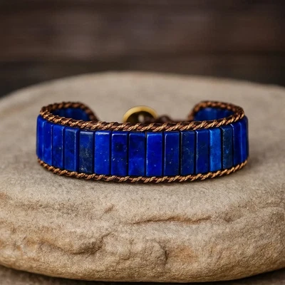Natural Lapis Lazuli Tube Beads Genuine Leather Handmade Women Men Bracelet Gift - Image 1 of 3