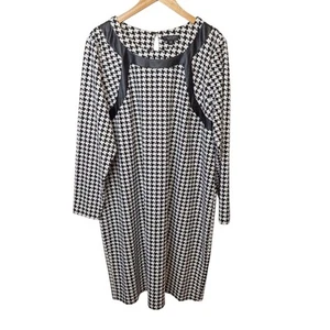 Spense Woman Size 20W Houndstooth Shift Dress Black White Faux Leather Trim - Picture 1 of 8