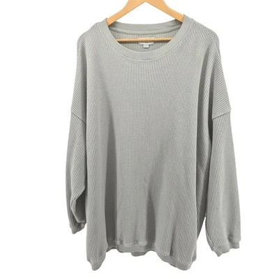 Aerie Waffle Knit Crewneck Sweatshirt Light Gray/Green Oversized Comfort Sz XL - Image 1 of 4