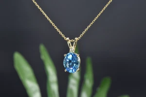 14K Gold Oval 2ct. London Blue Topaz & Diamond Pendant Prong Women's Necklace - Picture 1 of 7