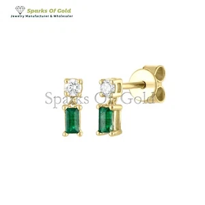 Genuine Diamond & Emerald Dangling Stud Earrings 14k Gold Jewelry Gift For Wife - Picture 1 of 3