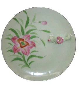 Vintage handbemalt Zitronenschale Tablett Blumengriff rosa grün Blume Unikat Japan - Bild 1 von 8