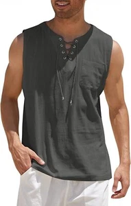 Men's Cotton Linen Tank Top Shirts Casual Sleeveless Lace Up Beach Hippie Tops - Picture 1 of 6